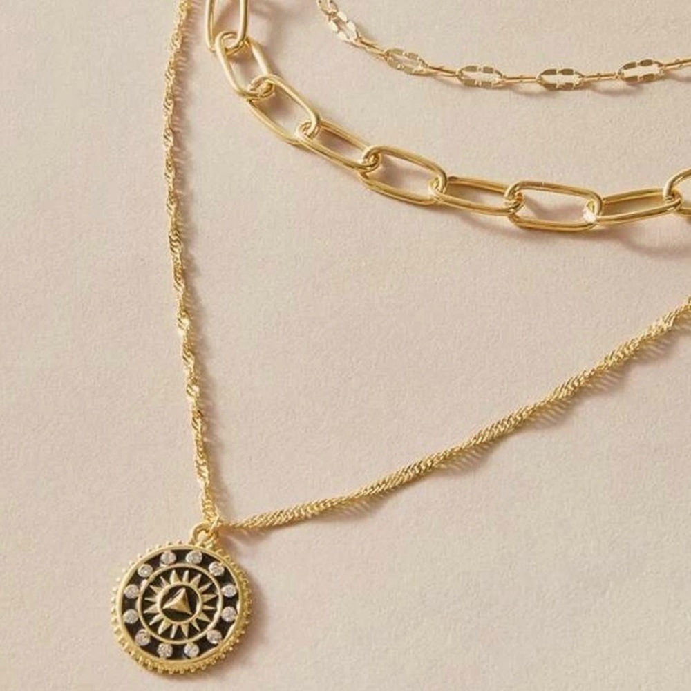 Gold And Black Compass Pendant Layered Necklace